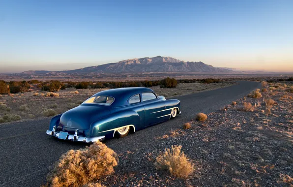 Picture road, the sky, mountains, Chevrolet, horizon, classic, rear, 1951, custom, side, chopped