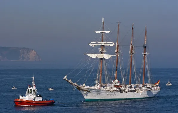 Picture sea, sailboat, tug, boats, schooner, Juan Sebastian de Elcano