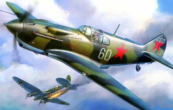 Picture fire, war, fighter, bomber, Lavochkin-Gorbunov-Gudkov, LaGG-3, lined, He 111, Heinkel