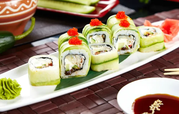 Picture cucumber, sauce, sushi, rolls, wasabi, filling, vegetarian