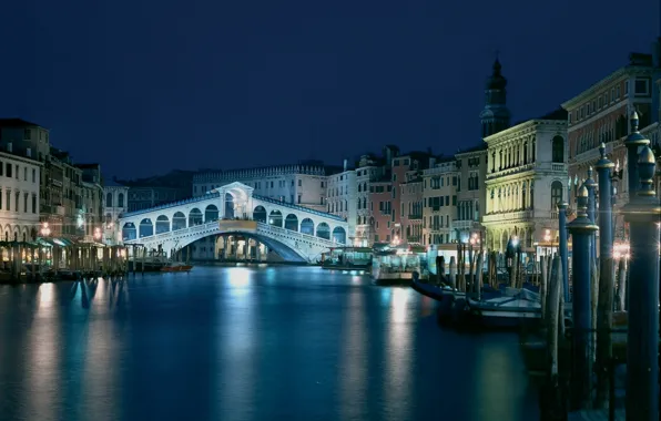 Picture landscape, night, bridge, blue, view, building, Italy, Venice, channel, architecture, Italy, beautiful, Venice