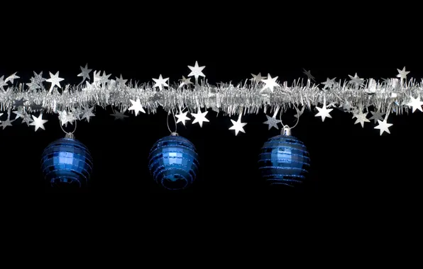 Picture blue, holiday, black, balls, new year, Christmas, silver, stars, christmas, new year, tinsel