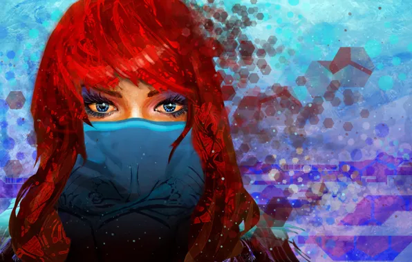 Picture look, girl, mask, art, blue eyes, red hair