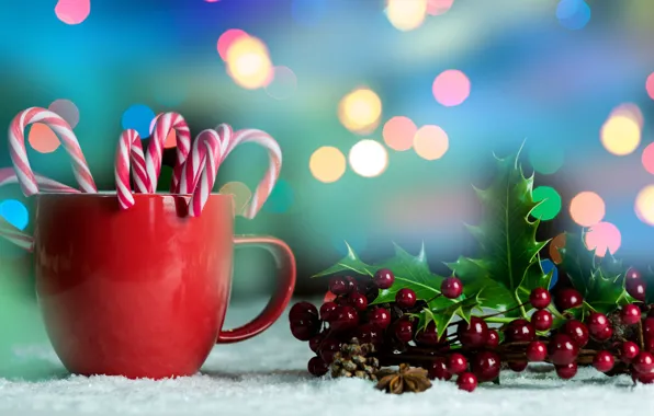 Picture leaves, berries, holiday, new year, Christmas, candy, mug, Cup, bump, bokeh