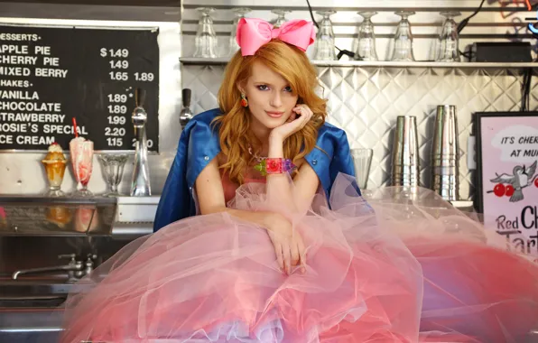 Picture girl, pose, skirt, actress, red, bow, sitting, bangs, Bella Thorne, Bella Thorne