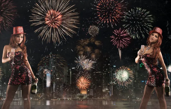 Picture bottle, New year, fireworks, champagne, night city, Tancy Marie