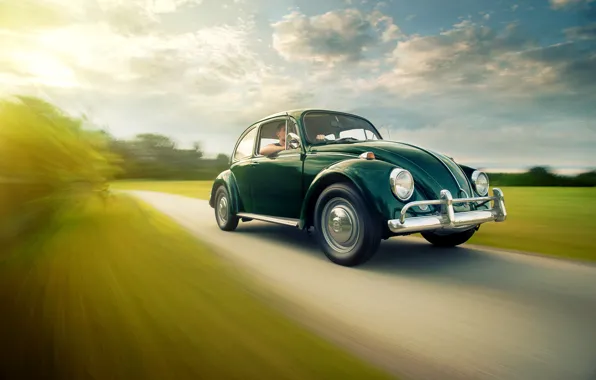 Picture road, field, the sky, the sun, clouds, lights, Volkswagen, wheel, Beetle