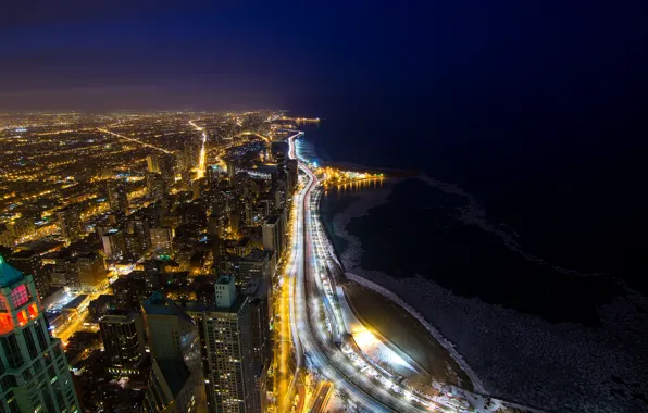 Picture night, the city, lights, lake, coast, building, home, skyscrapers, Chicago, Michigan, panorama, USA, USA, Il, …