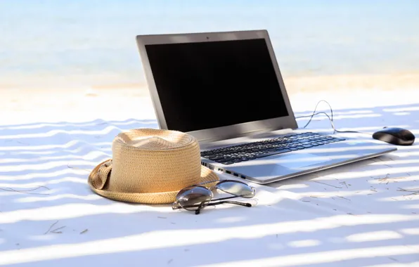 Picture beach, summer, stay, hat, glasses, laptop, summer, beach, vacation, vacation, accessories