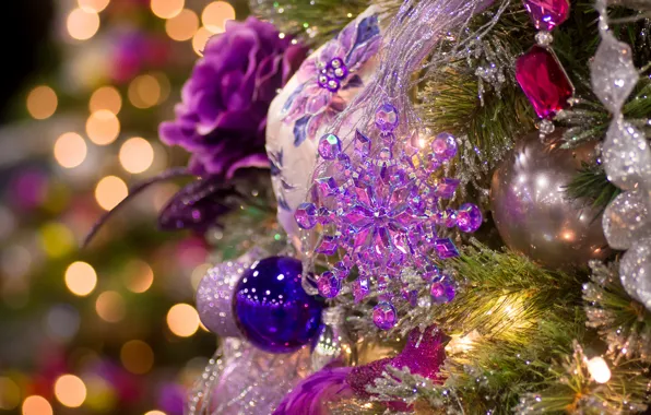 Picture decoration, branches, lights, holiday, balls, toys, tree, Christmas, New year, garland, lanterns, bokeh