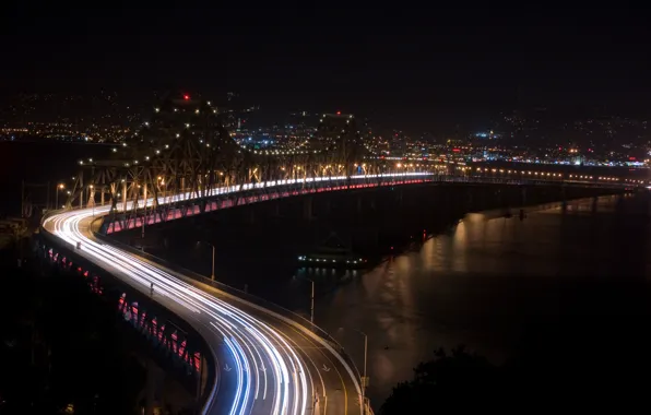 Picture road, night, bridge, river