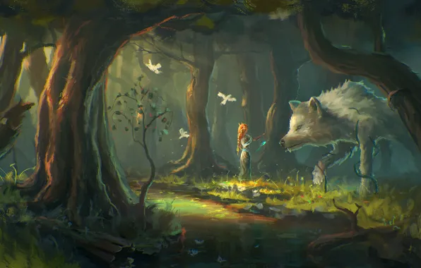 Picture forest, girl, trees, birds, fantasy, wolf, art