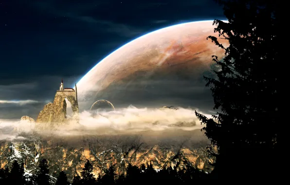 Picture clouds, trees, mountains, birds, castle, the moon, planet, satellite, Church