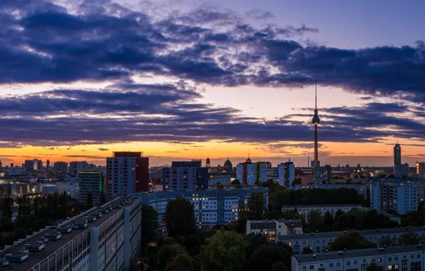 Picture the sky, clouds, sunset, orange, the city, building, home, the evening, Germany, panorama, Germany, tower, …
