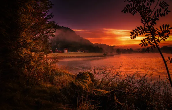 Picture sunset, fog, river, shore, Norway, Rogaland, Rogaland