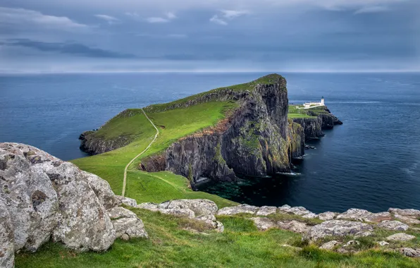Picture road, sea, the sky, clouds, sunset, mountains, stones, lighthouse, Bay, Scotland, Scotland, Cape, Neist Point
