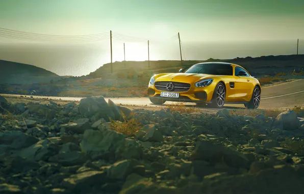 Picture Mercedes-Benz, AMG, Sun, Day, Yellow, Road, Sea, 2015, GT S