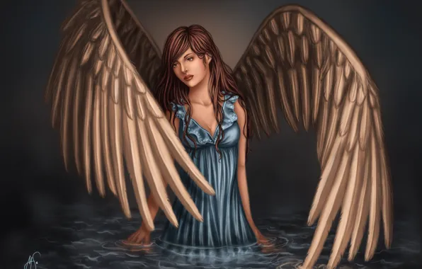 Picture look, water, girl, face, reflection, fiction, wings, angel, art, blue dress