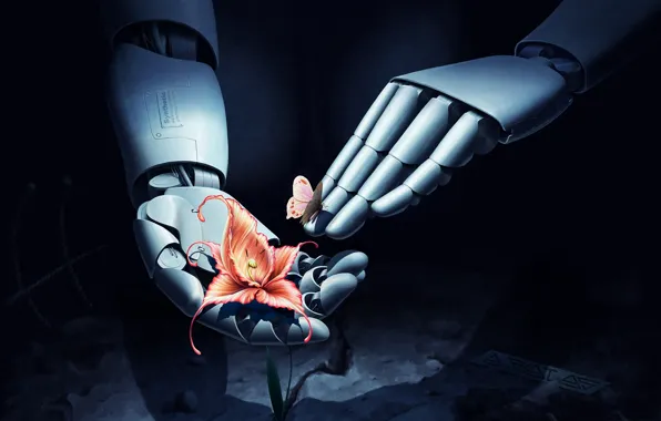 Picture flower, butterfly, robot, hands, art
