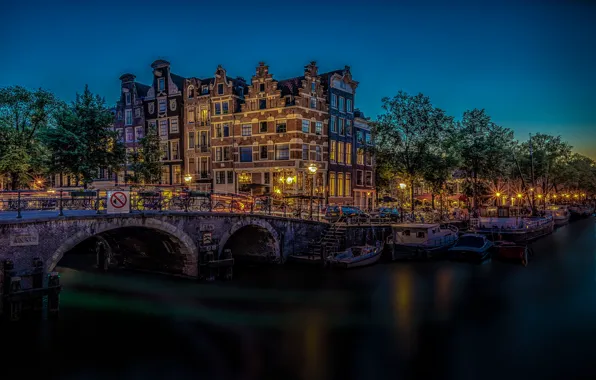 Picture bridge, building, Amsterdam, channel, Netherlands, night city, Amsterdam, Netherlands, Brewers' Canal, The Brewers Canal, Brouwersgracht