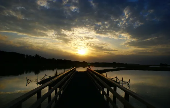 Picture sunset, bridge, lake