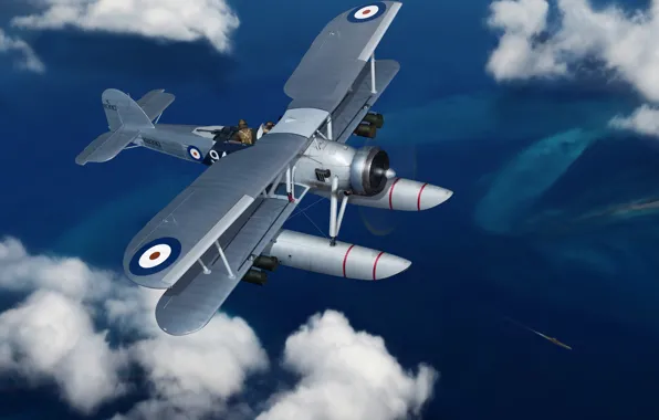 Picture the plane, art, bomber, British, WW2., torpedo, Fairey Swordfish, seaplane