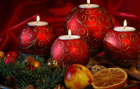 Picture holiday, balls, new year, Apple, orange, Christmas, candles, christmas, new year, needles