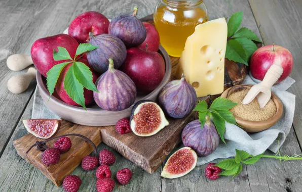 Picture leaves, berries, raspberry, apples, Board, food, cheese, Bank, sugar, bowl, fruit, honey, figs