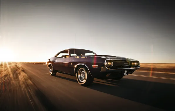 Picture road, the sky, lights, speed, wheel, Dodge, Challenger