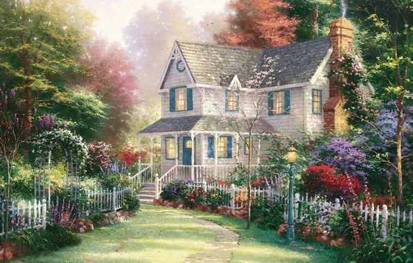 Picture summer, house, garden, summer, house, painting, cottage, garden, Thomas Kinkade, painting, Thomas Kinkade, cottage, Victorian …