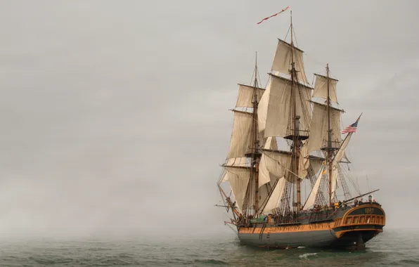 Picture sea, fog, sailboat, frigate