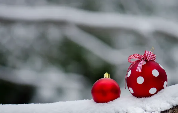 Picture snow, balls, polka dot, red, New year, decoration, bow, Christmas