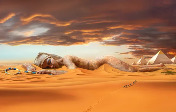 Picture sand, desert, dunes, statue, pyramid, camels, caravan