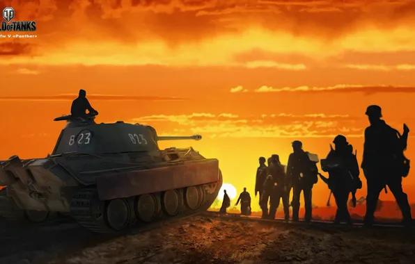 Picture the sky, the sun, figure, art, Panther, soldiers, tank, glow, German, average, World of Tanks, …
