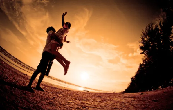 Picture sea, beach, love, sunset, romance, pair, love, beach, Sunset, embrace