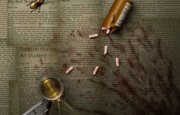 Picture beetle, blade, newspaper, pills, traces of blood