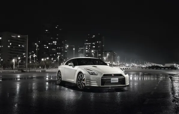 Picture night, the city, Nissan, GT-R, skyscrapers, R35