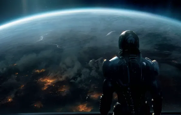 Picture space, fiction, planet, Earth, soldiers, Mass Effect 3, Shepard. future