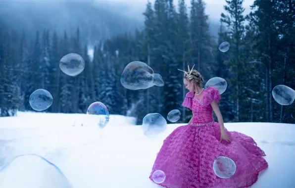 Picture forest, girl, snow, dress, bubbles, Lichon