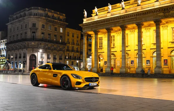 Picture Mercedes-Benz, Front, AMG, Square, Night, Place, Yellow, Supercar, 2015, GT S