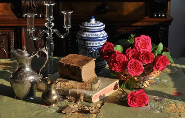 Picture flowers, style, books, roses, still life, candle holder, pitchers