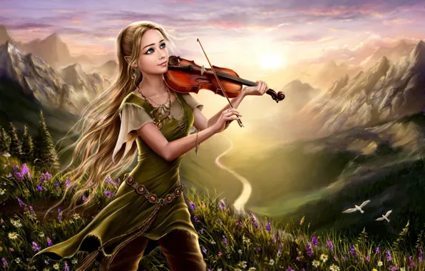 Picture girl, flowers, mountains, birds, nature, river, dawn, violin, hill, fantasy, art