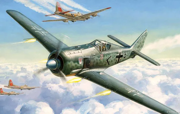 Picture war, art, painting, aviation, concept art, drawing, ww2, combat, fw 190, B 17 dogfight