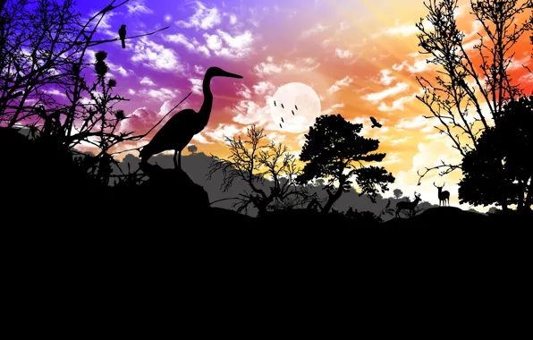 Picture animals, the sky, clouds, trees, landscape, sunset, nature, collage, bird, deer, silhouette