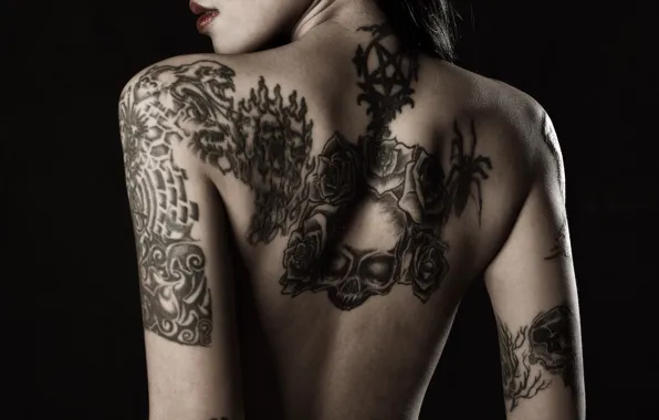 Picture girl, back, skull, tattoo, black background, tattoo