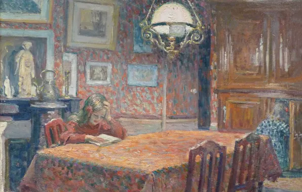 Picture table, room, interior, picture, girl, genre, Henri Lebacq, Under the lamp