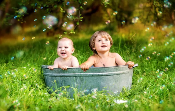 Picture summer, grass, joy, happiness, children, childhood, surprise, bubbles, trough, kids