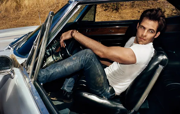 Picture machine, look, jeans, t-shirt, actor, male, sitting, Chris Pine, Chris Pine, seat