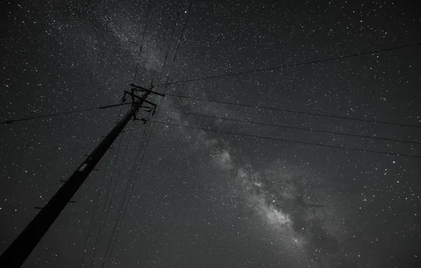 Picture space, stars, wire, post, the milky way