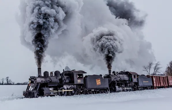 Picture winter, nature, smoke, cars, trains, locomotives